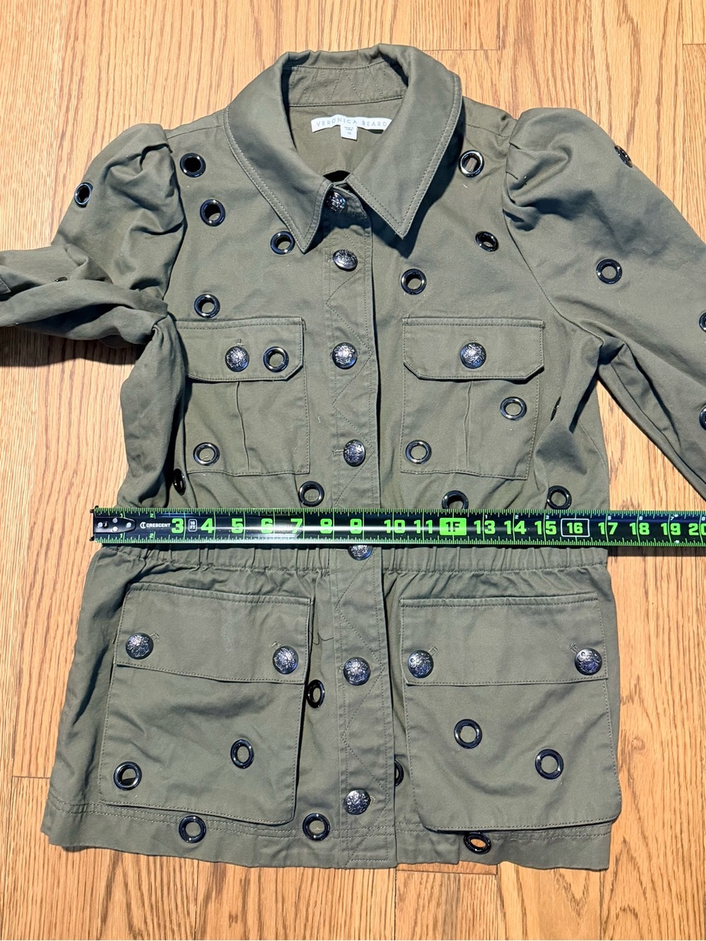 Veronica Beard Olive Grommet Military Utility Jacket Puff Sleeve Size 10 - Picture 7 of 11